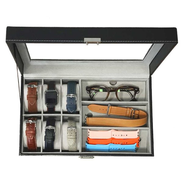 Display case with 6 watches and 3 compartments