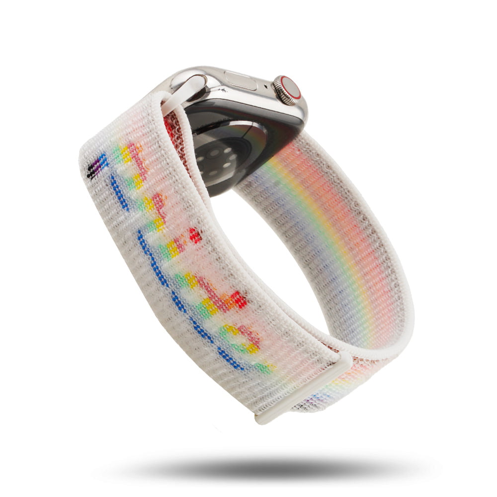 Bracelet pride Apple Watch en nylon avec écriture pride sur bracelet blanc